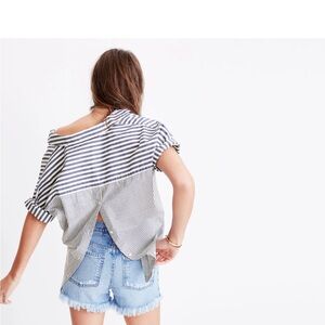 Madewell Courier Button Back Blue And White Striped Oversized Top Shirt